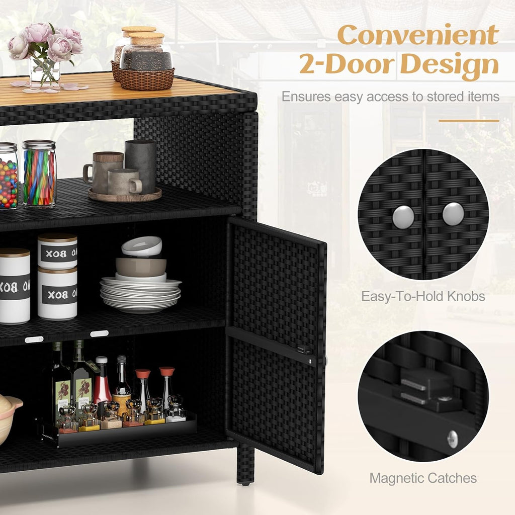 RELAX4LIFE Wicker Outdoor Bar Cabinet - PE Rattan Patio Bar Table w/Acacia Wood Countertop, Open Shelf & 2 Doors, Buffet Sideboard Organizer for Garden Backyard Pool, Outside Storage Cabinet (Black)