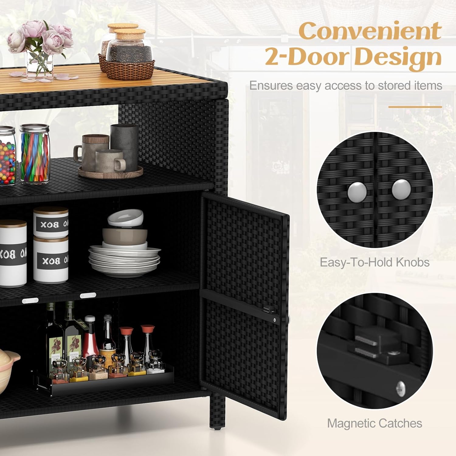 RELAX4LIFE Wicker Outdoor Bar Cabinet - PE Rattan Patio Bar Table w/Acacia Wood Countertop, Open Shelf & 2 Doors, Buffet Sideboard Organizer for Garden Backyard Pool, Outside Storage Cabinet (Black)
