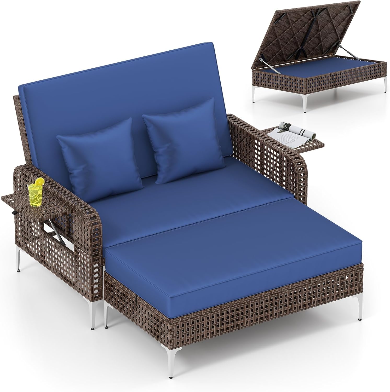 Tangkula Patio Rattan Daybed with 4-Level Adjustable Backrest, Boho Outdoor Wicker Loveseat & Storage Ottoman with Cushion, 2-Person Sun Lounger with Folding Tables for Poolside, Backyard & Garden