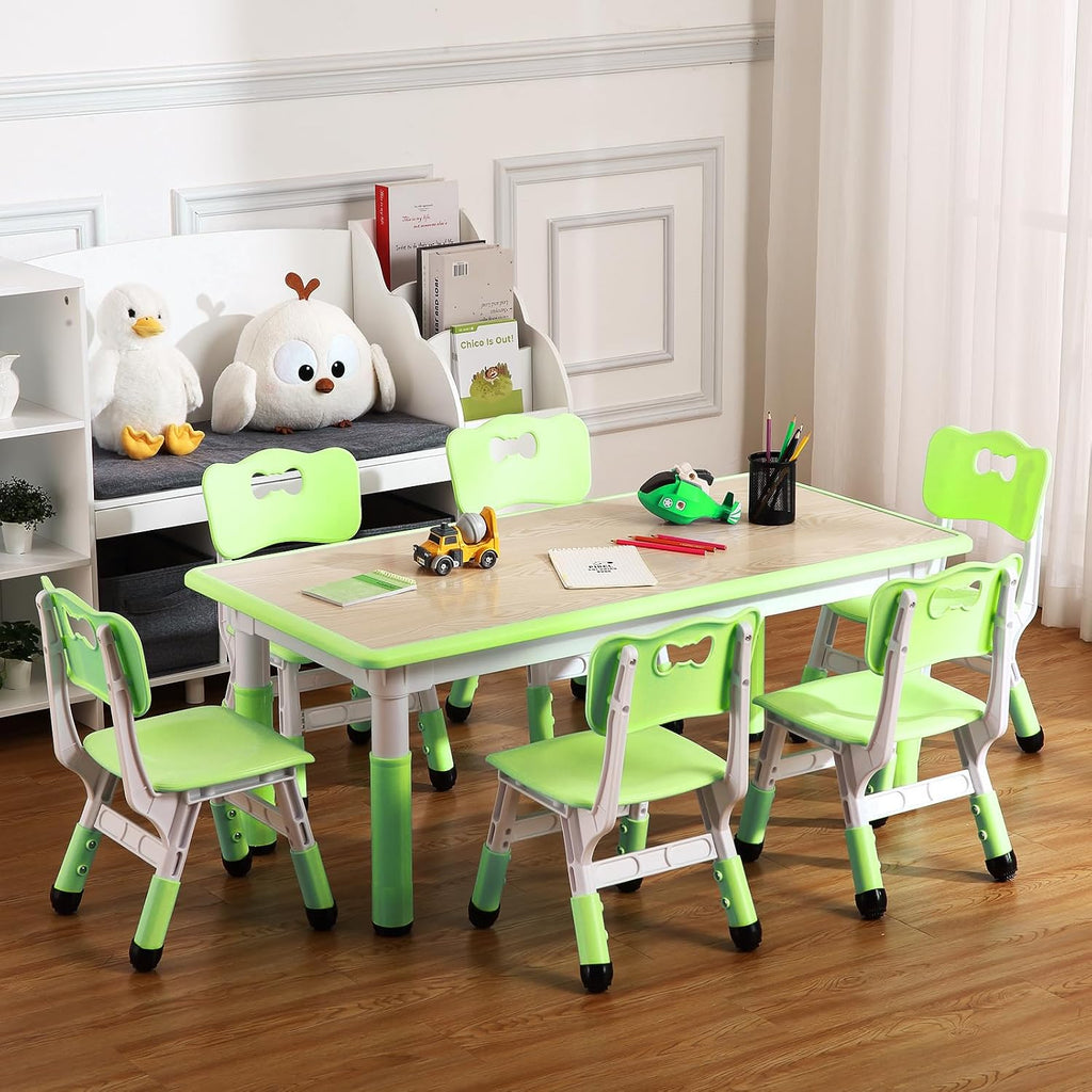 Kids Table and Chair Set, Height Adjustable Toddler Arts & Crafts Table and 6 Chair Set for Ages 2-10,Max 300lbs Kids Activity Art Table for Classroom Daycares,Home
