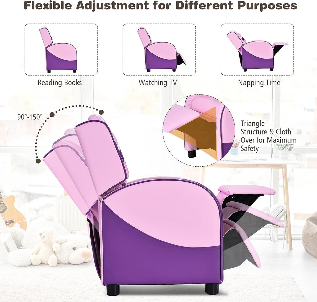 MAT EXPERT Kids Recliner Sofa, Gaming Chair w/Footrest, Arms & Side Pocket Storage, Adjustable Leather Kids Couch Lazy Boy Armchair Reading Chair, Toddler Lounge Chair for Boys Girls Age 3+ (Pink)