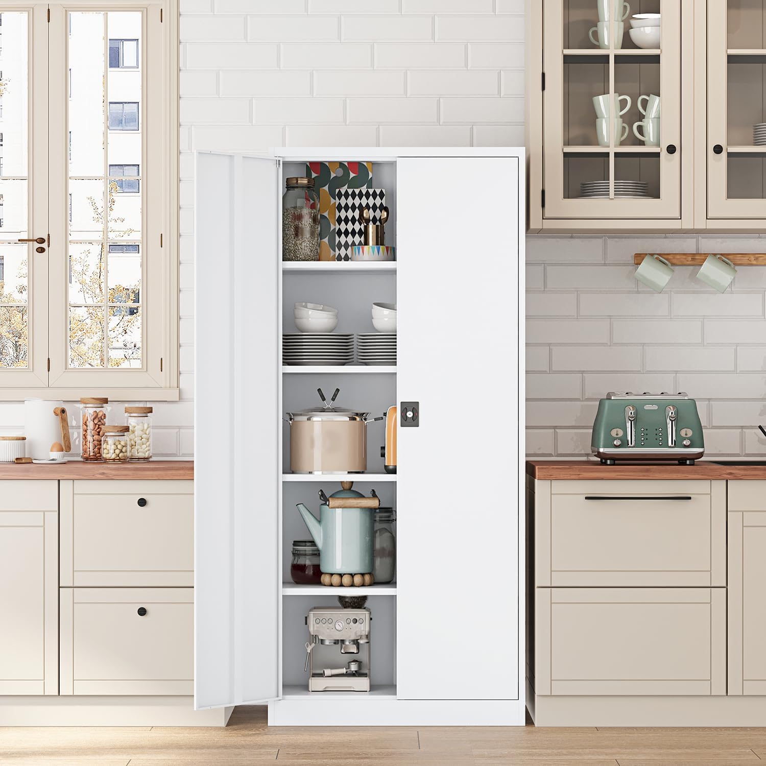 Fesbos Metal Storage Cabinet-71' Tall Steel File Cabinets with Lockable Doors and Adjustable Shelves-White Steel Storage Cabinet for Home,Kitchen, School, Office, Garage
