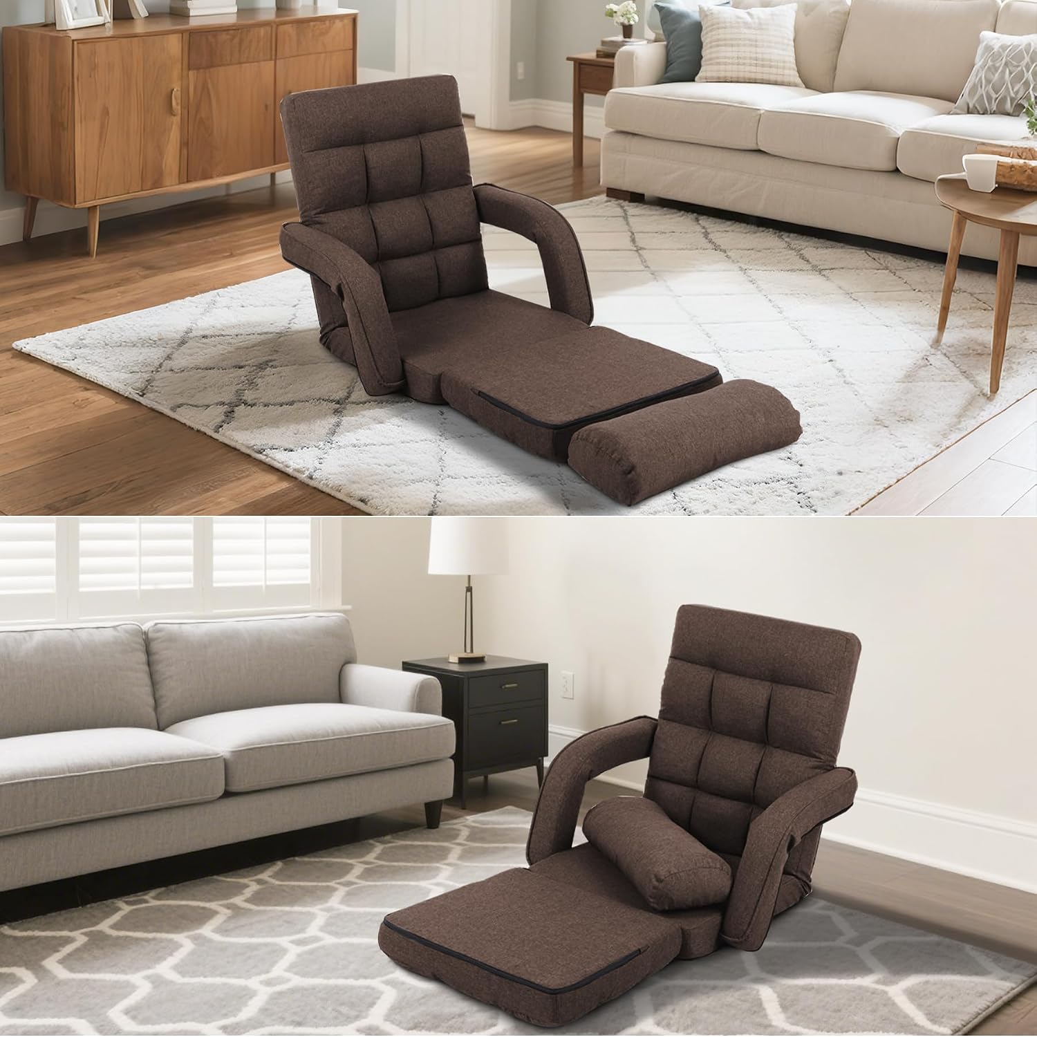 Adjustable Floor Chair for Adults with Back Support,5-Position Folding Lazy Sofa with Pillow, Gaming & Meditation Chair with Breathable Fabric - for Living Room, Bedroom, Office,Balcony (Brown)