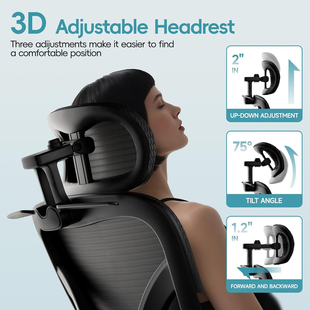 Alllion Ergonomic Mesh Office Chair, Home Desk Chair Comfy High Back with Adjustable Lumbar Support, 3D Headrest, Flip-up Arms, Big and Tall Reclining Computer Gaming Chairs for Men Women, Black