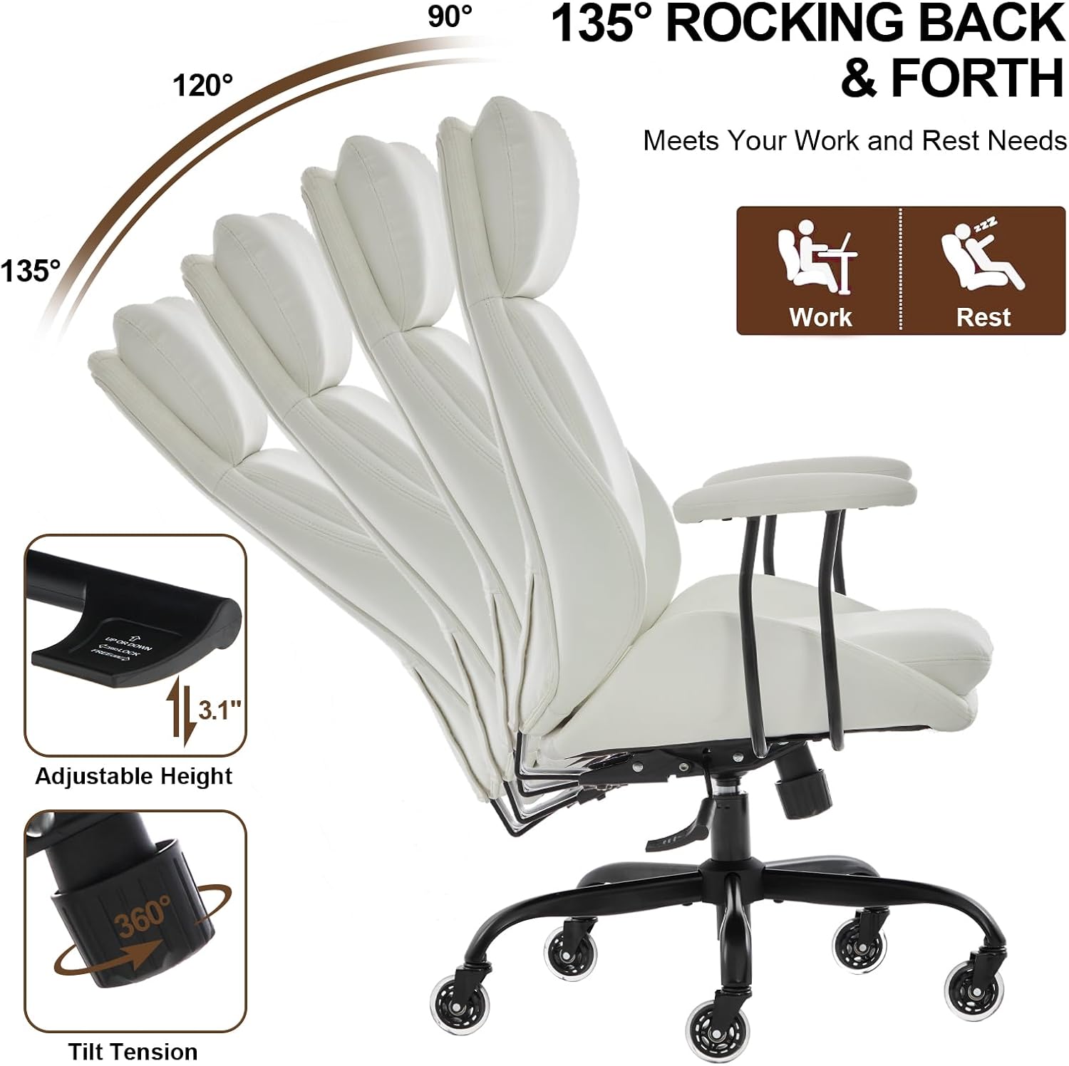 E-Motie Office Chair, Leather Desk Chair with Rubber Wheels, Ergonomic Computer Chair 500 LBS with Lumbar Support, High Back Executive Chair for Modern Home Office, White