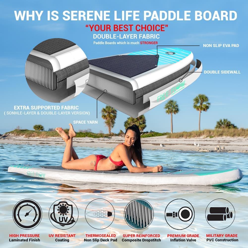 SereneLife 10' Inflatable Stand Up Paddle Board 2-Pack with Premium SUP Accessories – 32' Wide Stable Design with Non-Slip EVA Deck Pad for Youth and Adults, 350 lbs. Capacity Each