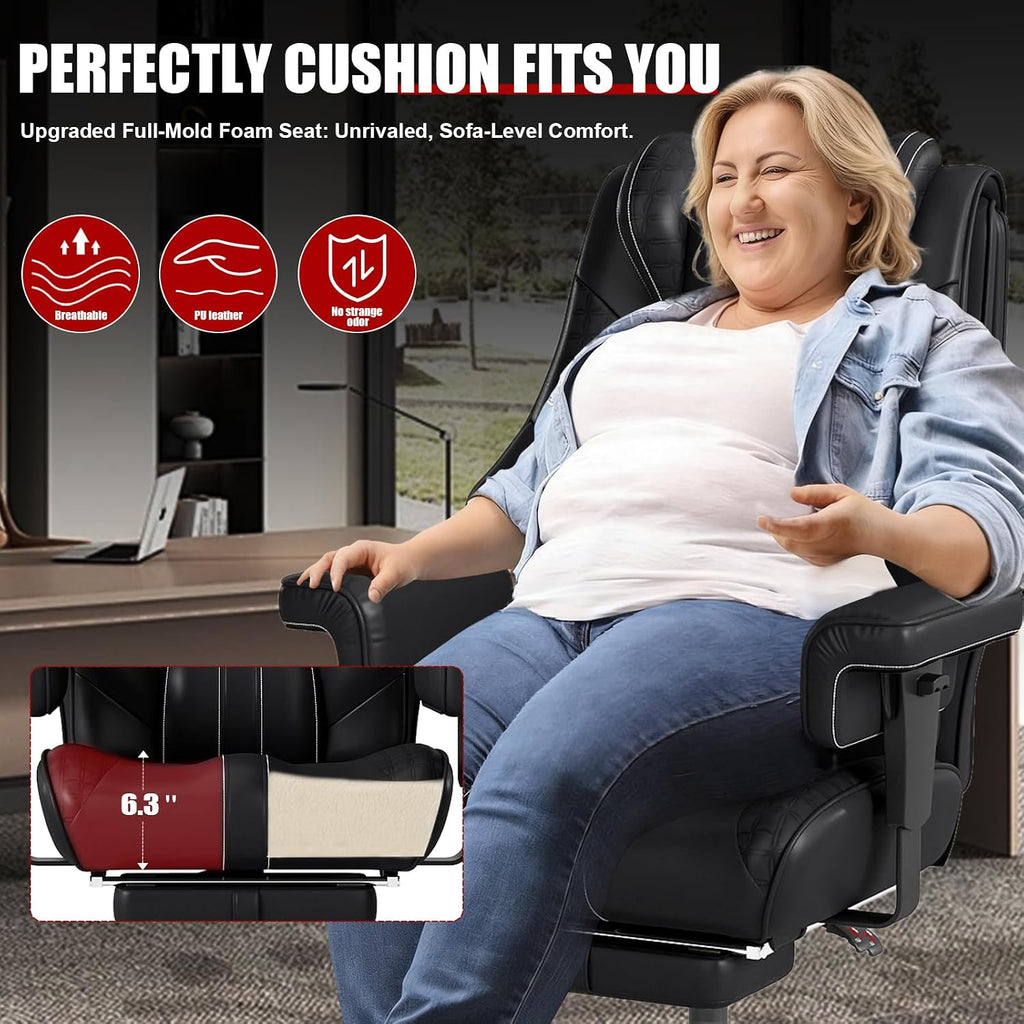 400lbs Big and Tall Office Chair, Wide Ergonomic Leather Executive Chair for Heavy People with Foot Rest, High-Back Reclining Computer Chair with Swivel Wheels and Lumbar Support (Black)
