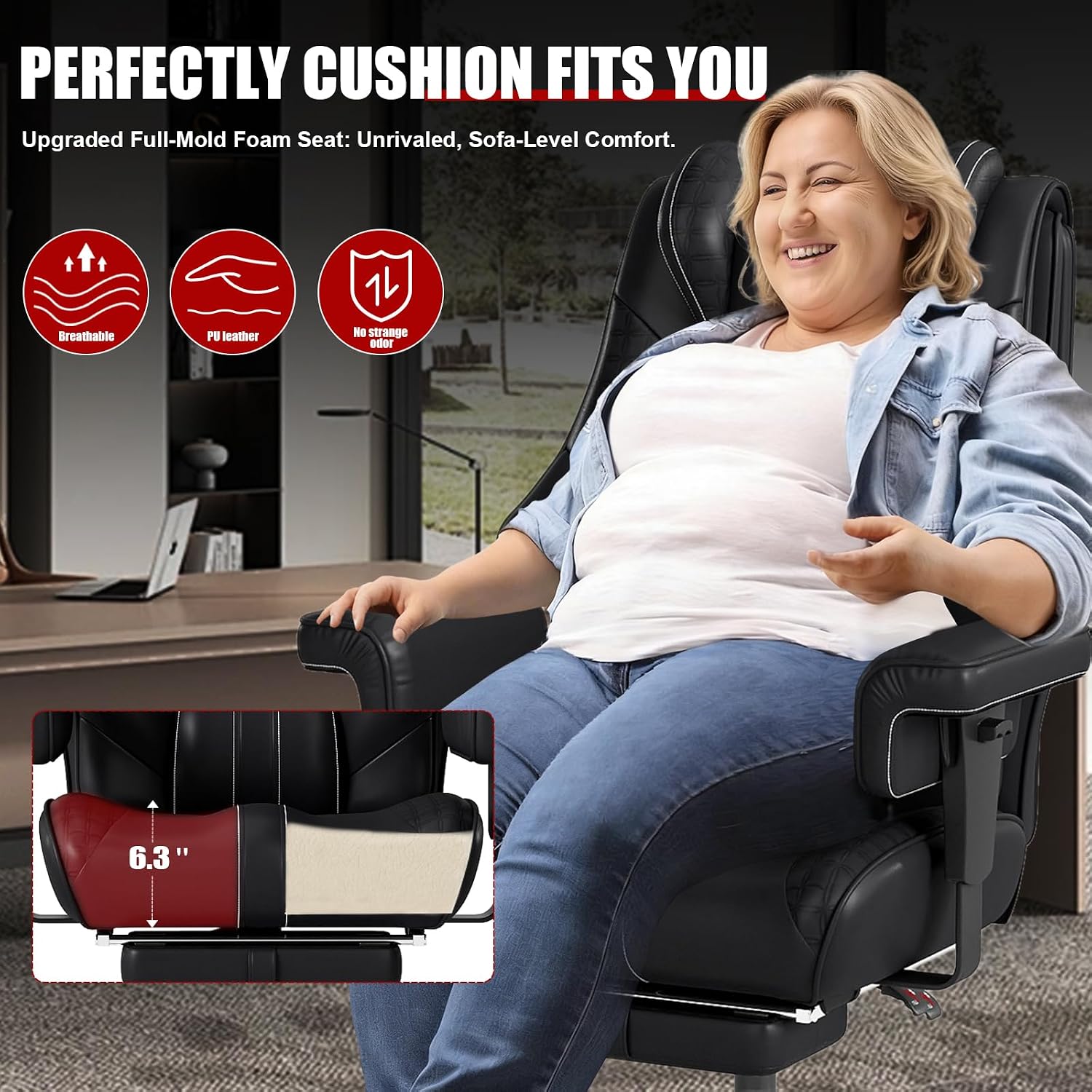400lbs Big and Tall Office Chair, Wide Ergonomic Leather Executive Chair for Heavy People with Foot Rest, High-Back Reclining Computer Chair with Swivel Wheels and Lumbar Support (Black)
