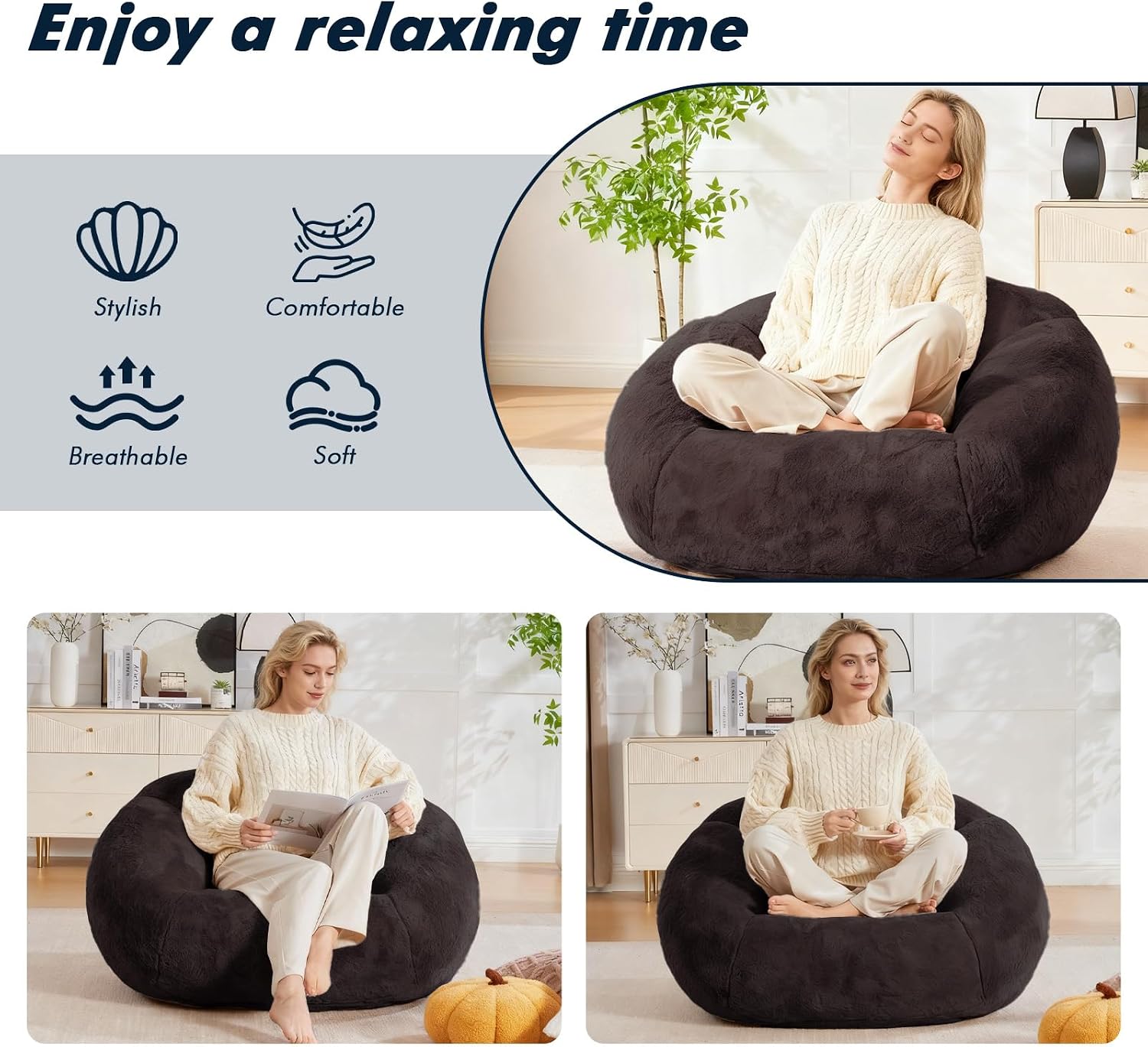 3.28 Feet Bean Bag Chair for Adults, Shell-Shaped Bean Bag Lazy Couch, Faux Fur Cloud Sofa Chair, Lounge Floor Sofa with Filler for Reading, Gaming & Watching, No Assembly Required (Black)