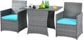 HAPPYGRILL 3 Piece Patio Furniture Set, Outdoor PE Rattan Wicker Bistro Set with Washable Cushions & Tempered Glass Table, for Backyard Porch Garden Balcony Poolside