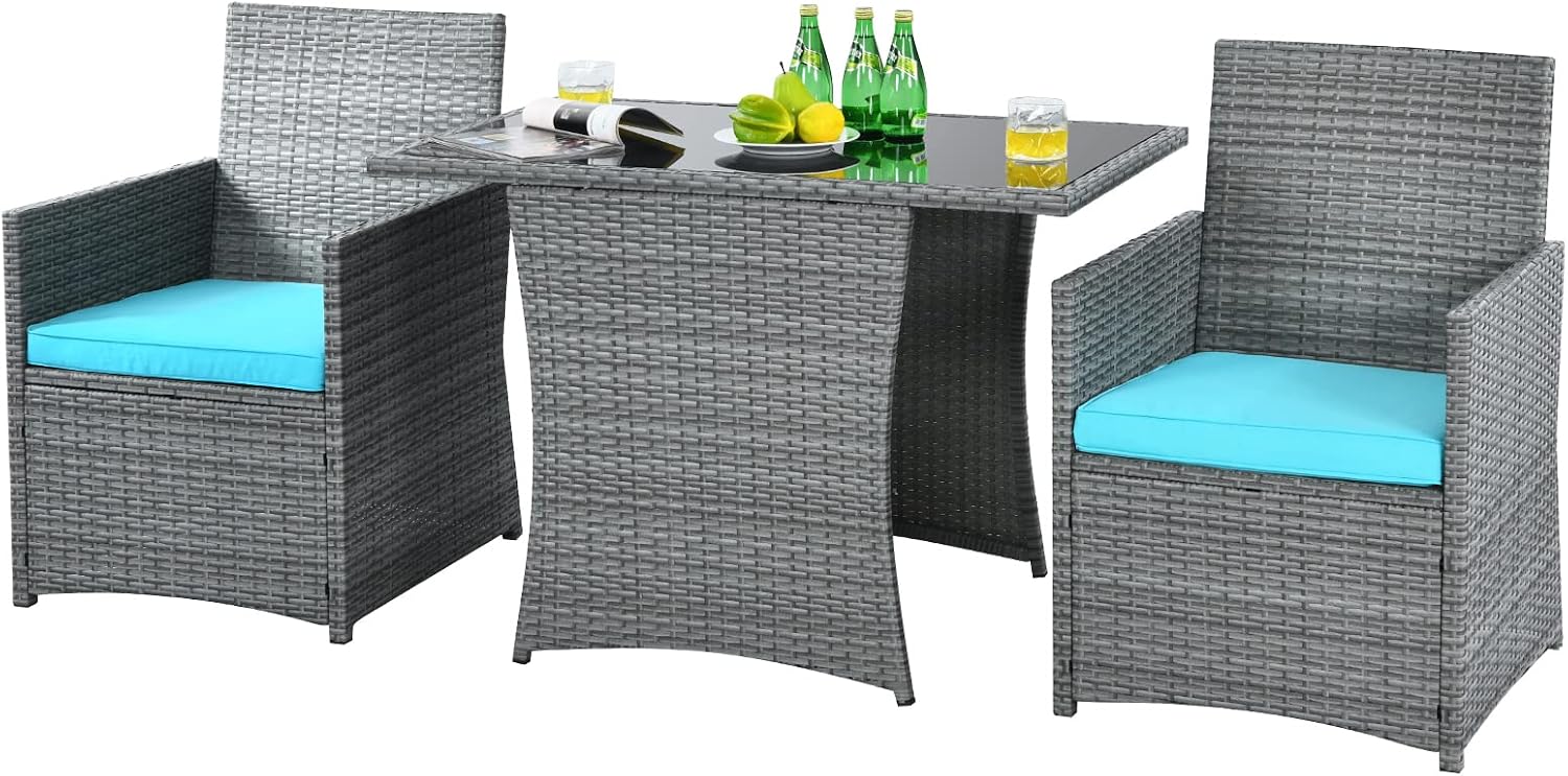 HAPPYGRILL 3 Piece Patio Furniture Set, Outdoor PE Rattan Wicker Bistro Set with Washable Cushions & Tempered Glass Table, for Backyard Porch Garden Balcony Poolside