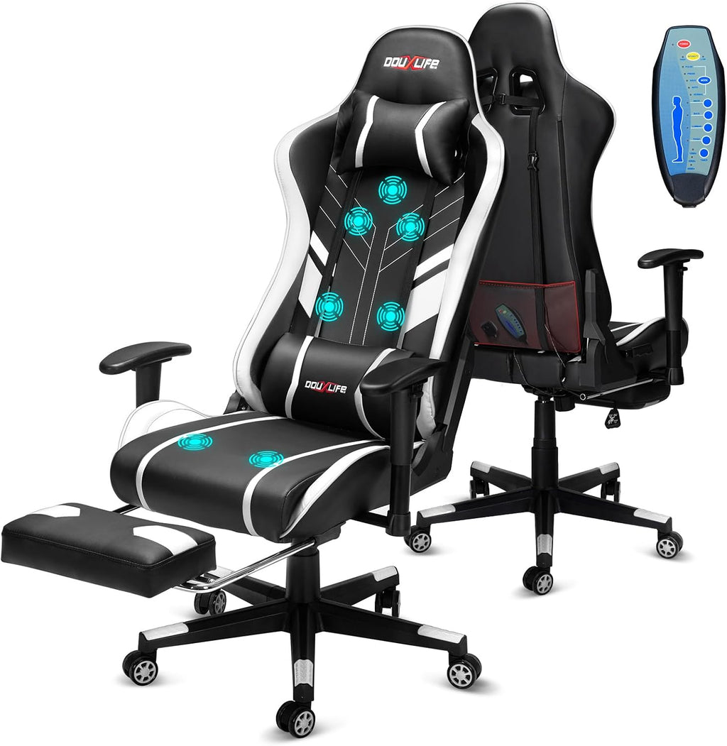 Douxlife 7-Point Massage Gaming Chair with Footrest, 400lbs Heavy Duty Ergonomic Computer Chair, 175° Reclining High Back Racing Seat for Adults with Adjustable Armrests & Lumbar Support, White