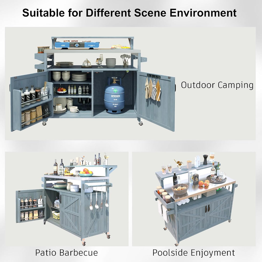 Outdoor Kitchen Island with Stainless Steel Top, 53.3' Rolling Grill Cart with Adjustable Shelves, Raised Shelf, Lockable Wheels, Portable Outdoor Table and Bar Storage Cabinet for Patio