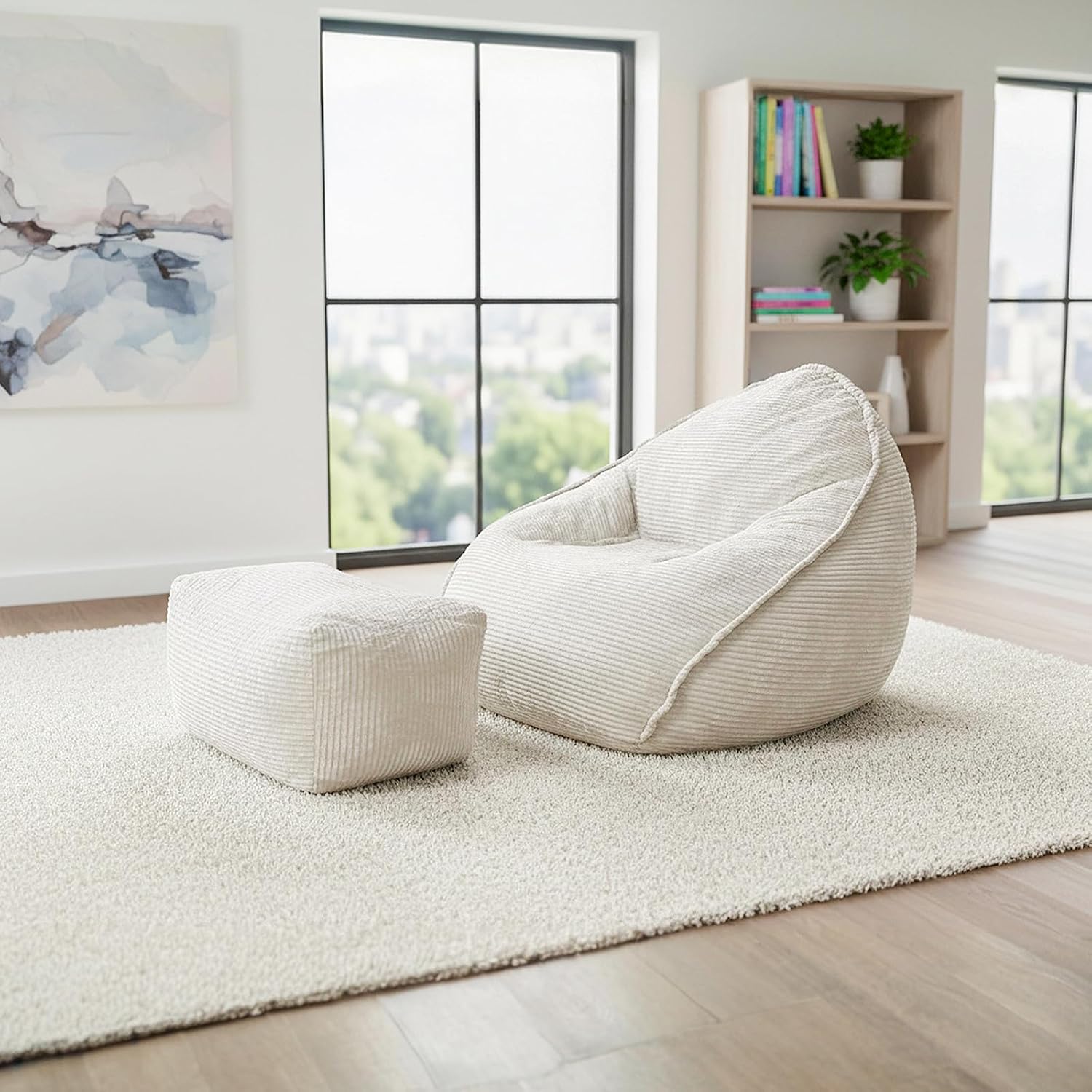 Ultra Soft Bean Bag Chair for Adults with Ottoman, Oversized Floor Sofa for Living Room, Gaming, Lounging, Napping (Off-White)