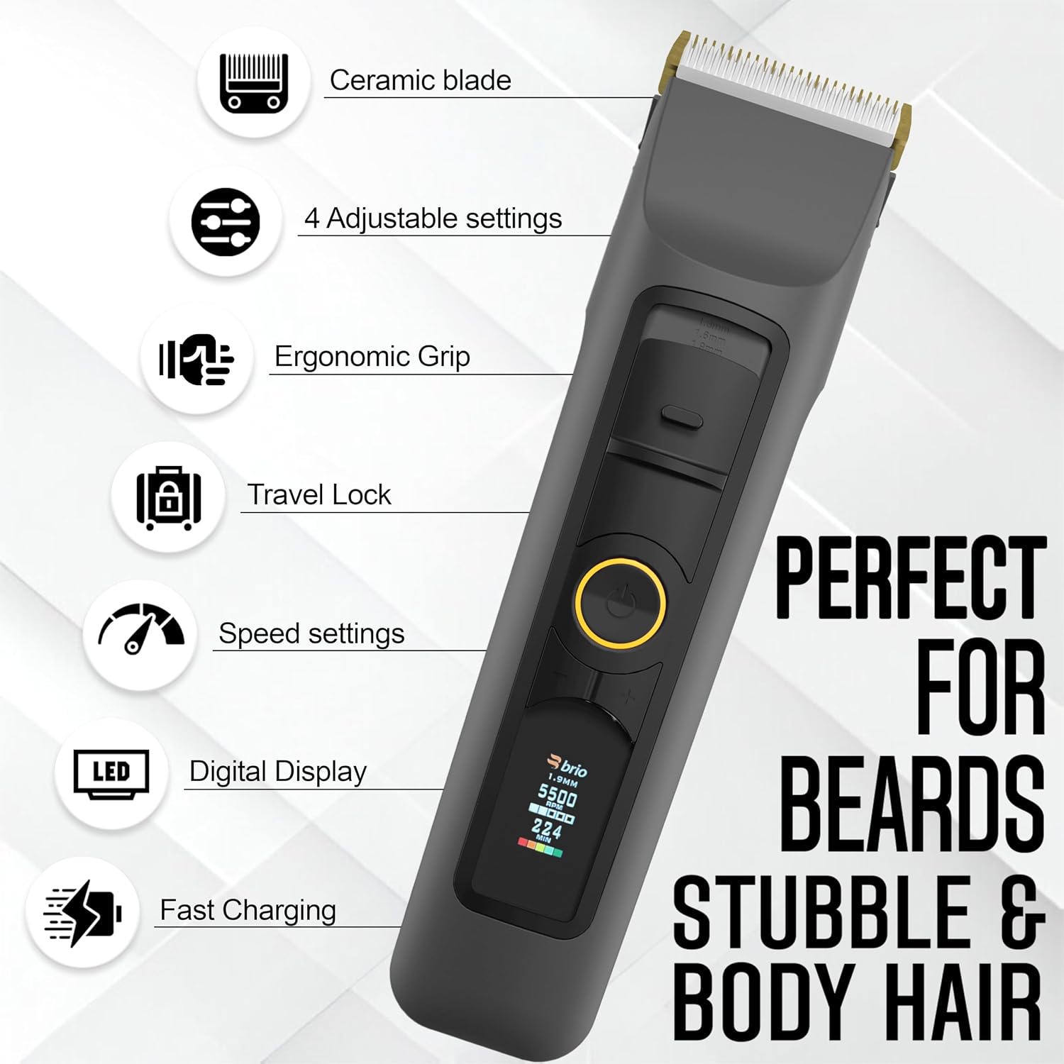 Brio Beardscape V2 Beard Trimmer for Men Professional with Low Friction Ceramic Blade, Cordless Professional Hair Trimmer for Barbers with 4 Hrs of Long Battery Timing, Ideal for Beard & Body (Gray)