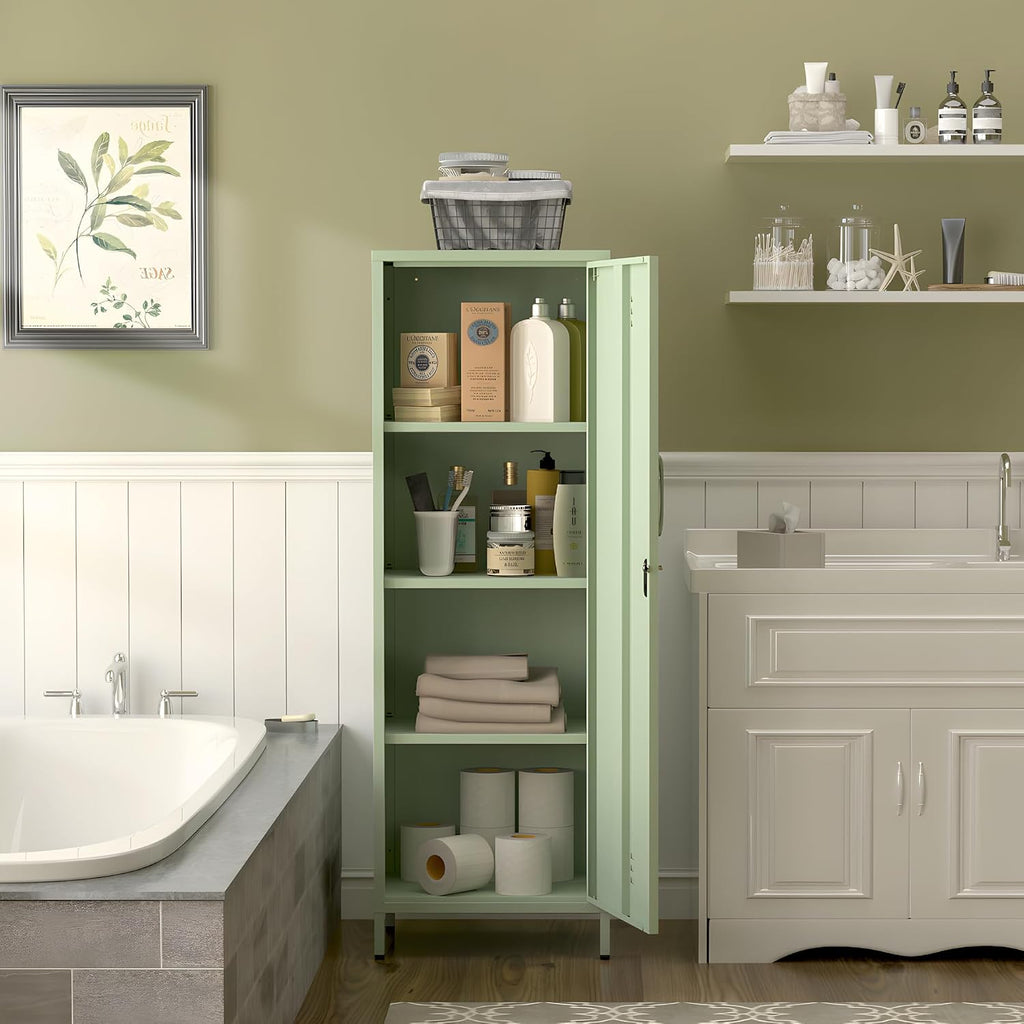 Metal Locker Storage Cabinets Lockable Single File Storage Cabinet with Door and Removable Shelves Kids Locker for School Gym Pantry Kitchen (Green)