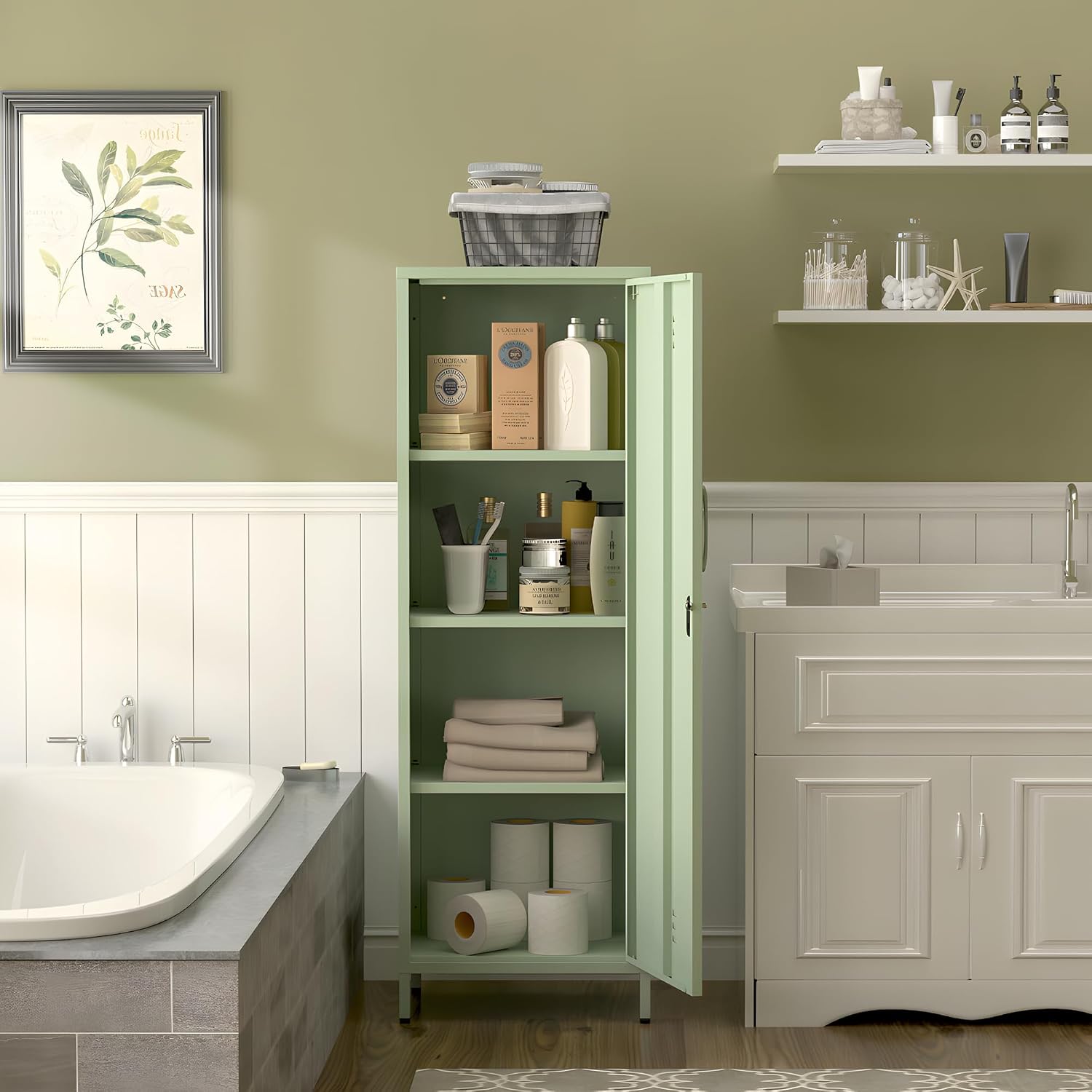 Metal Locker Storage Cabinets Lockable Single File Storage Cabinet with Door and Removable Shelves Kids Locker for School Gym Pantry Kitchen (Green)
