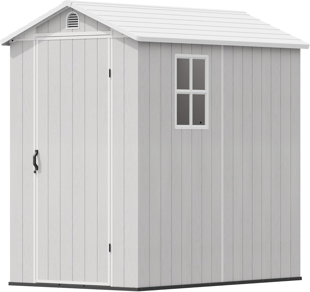 Devoko 4×6 FT Resin Storage Sheds with Floor, Plastic Outdoor Garden Shed with Windows and Lockable Doors, Waterproof Outside Tool Sheds for Patio Backyard Lawn, Light Gray