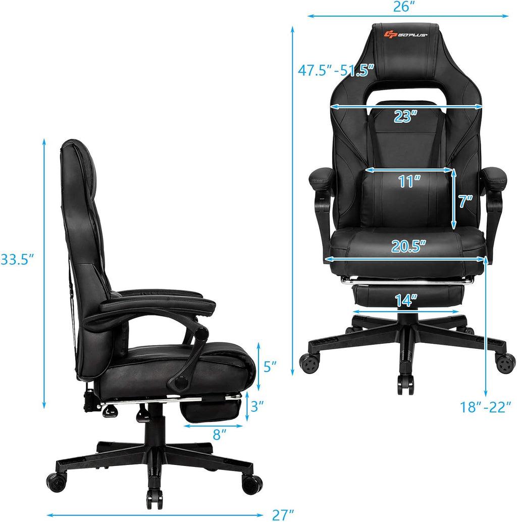 Goplus Massage Gaming Chair, Reclining Backrest, Seat Height Adjustment Racing Computer Office Chair with Footrest, Ergonomic High Back PU Swivel Game Chair (Black)