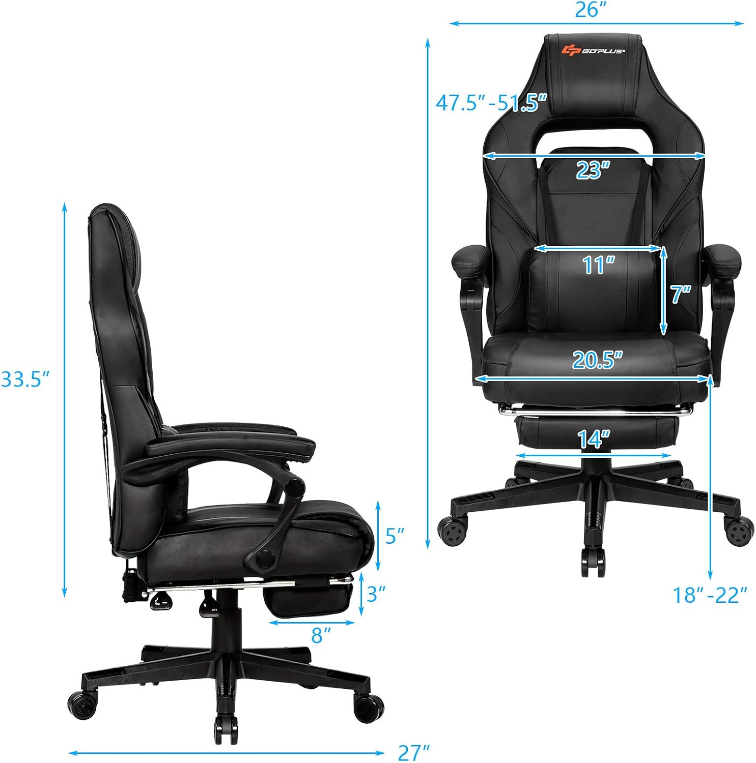 Goplus Massage Gaming Chair, Reclining Backrest, Seat Height Adjustment Racing Computer Office Chair with Footrest, Ergonomic High Back PU Swivel Game Chair (Black)
