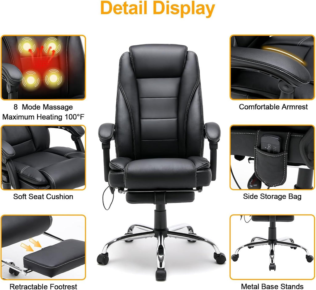 HOMREST 6-Point Massage Reclining Office Chair, Leather Heating Executive Chair, Ergonomic Home Office Desk Chair with Retractable Footrest,Computer Chair for Home Office, Study, Gaming