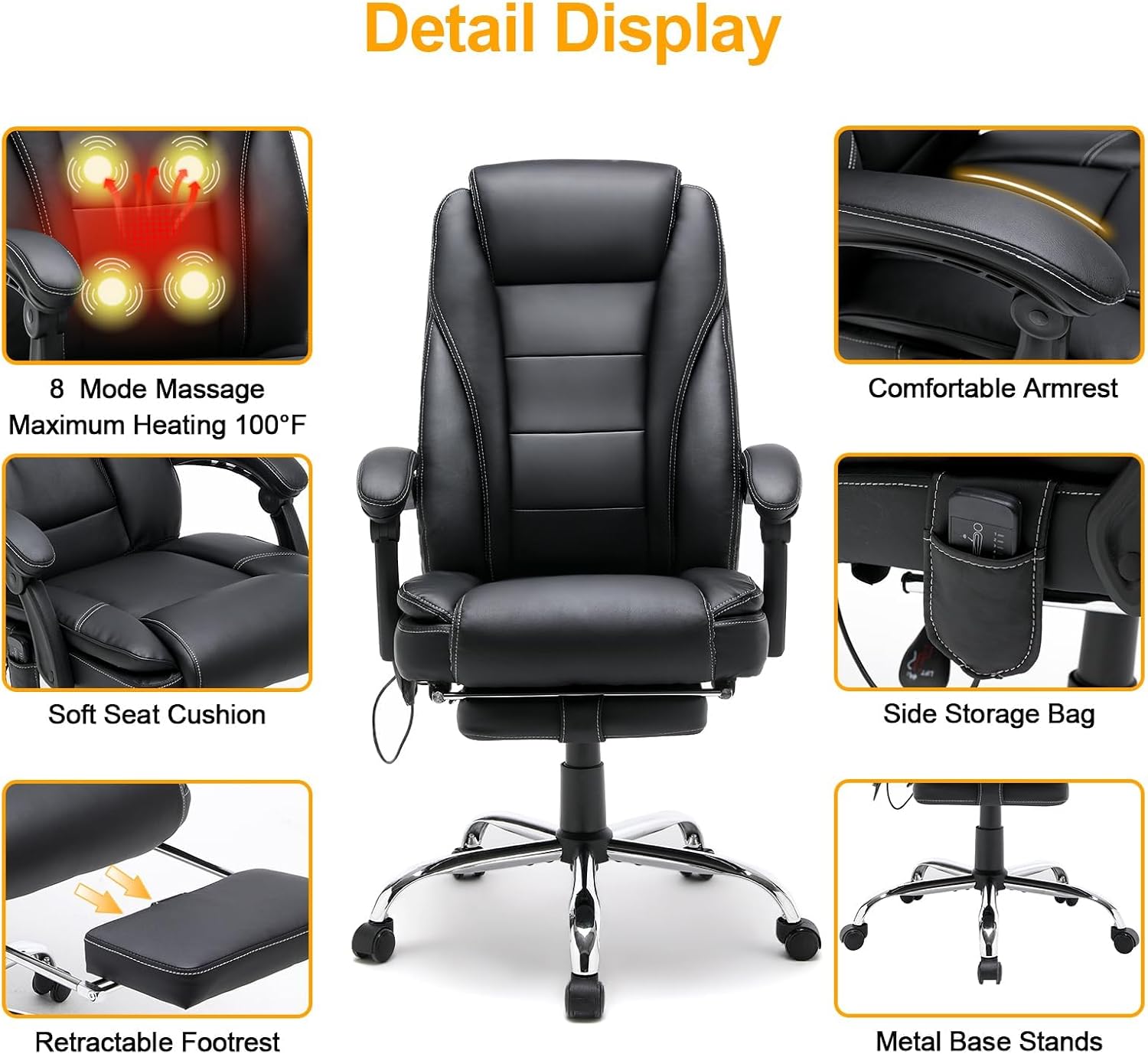 HOMREST 6-Point Massage Reclining Office Chair, Leather Heating Executive Chair, Ergonomic Home Office Desk Chair with Retractable Footrest,Computer Chair for Home Office, Study, Gaming