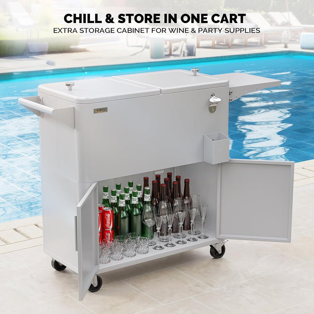 VINGLI Patio Cooler, Ice Chest with Storage Cabinet, Bottle Opener Drainage, Outdoor Cooler for Party, Deck, Pool
