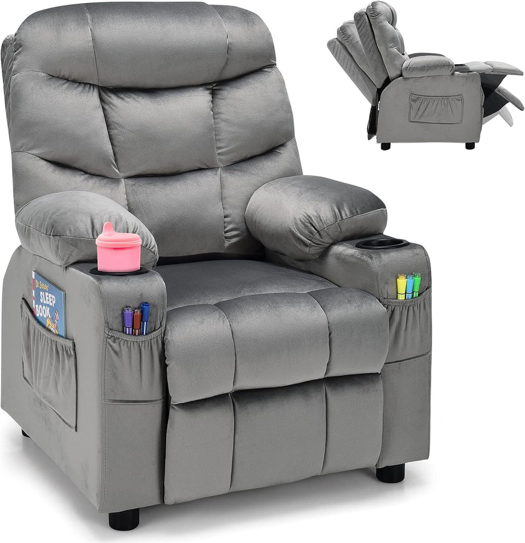 HOMGX Children's Recliner Chair, Velvet Material, Leisure Lounge Chair w/Side Pockets and Footrests, Ergonomically Adjustable Sofa Furniture, Suitable for Living Room (Grey)