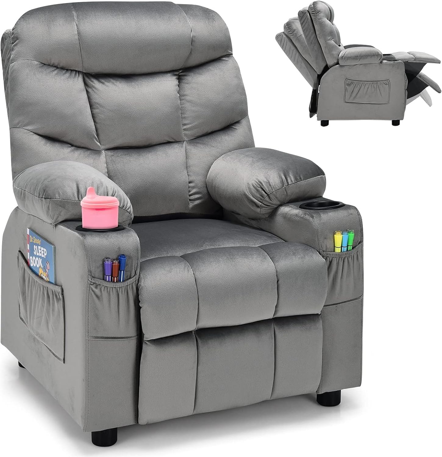 HOMGX Children's Recliner Chair, Velvet Material, Leisure Lounge Chair w/Side Pockets and Footrests, Ergonomically Adjustable Sofa Furniture, Suitable for Living Room (Grey)