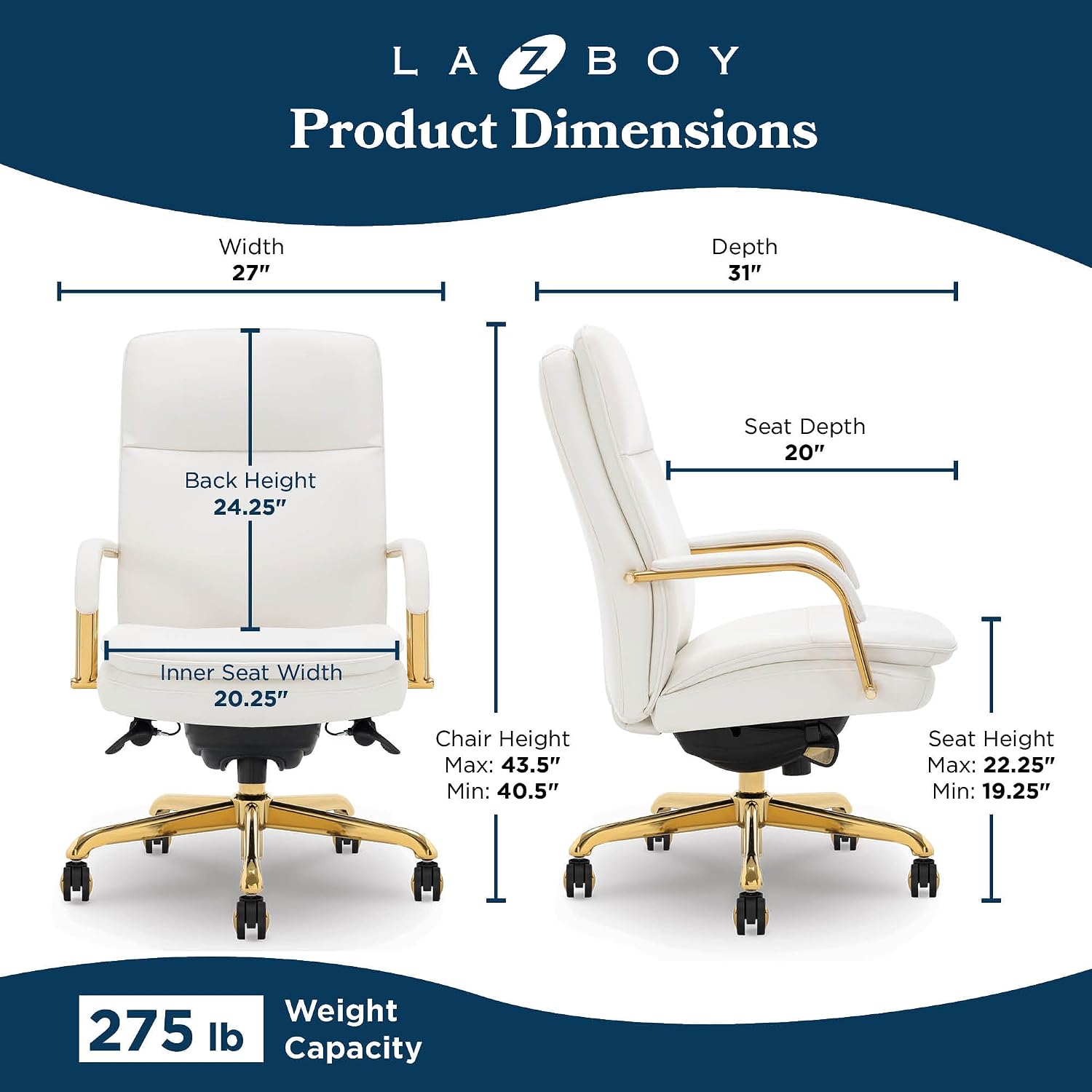 La-Z-Boy Opus Ergonomic Bonded Leather Swivel Executive Chair, White and Gold (CCHR10015A)