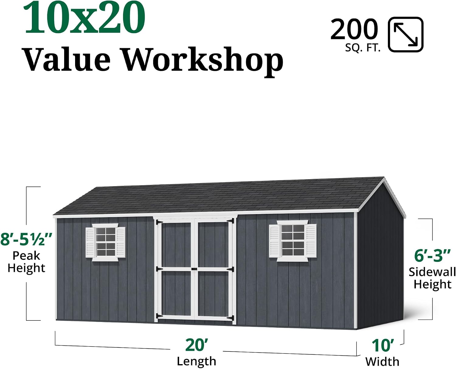 Little Cottage Co. 10x20 Value Workshop Shed with Operable Windows and Floor, Outdoor Wood Storage Do-It-Yourself Precut Kit