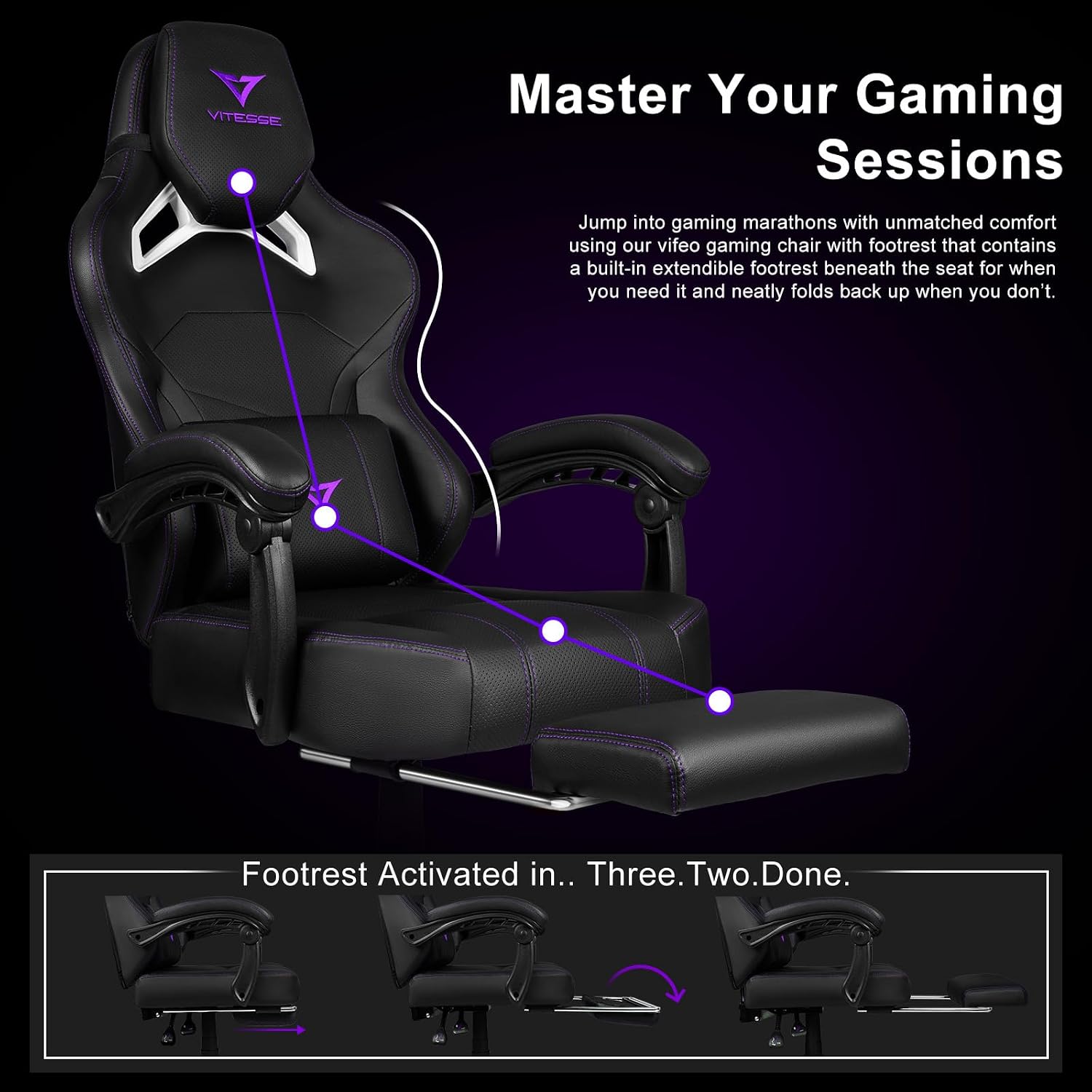VITESSE Big and Tall Gaming Chair with Footrest,Ergonomic Video Gaming Chair with Oversized Headrest and Lumbar Support for Adults 400lb Weight Capacity,Computer Chair for Office or Gaming (Purple)
