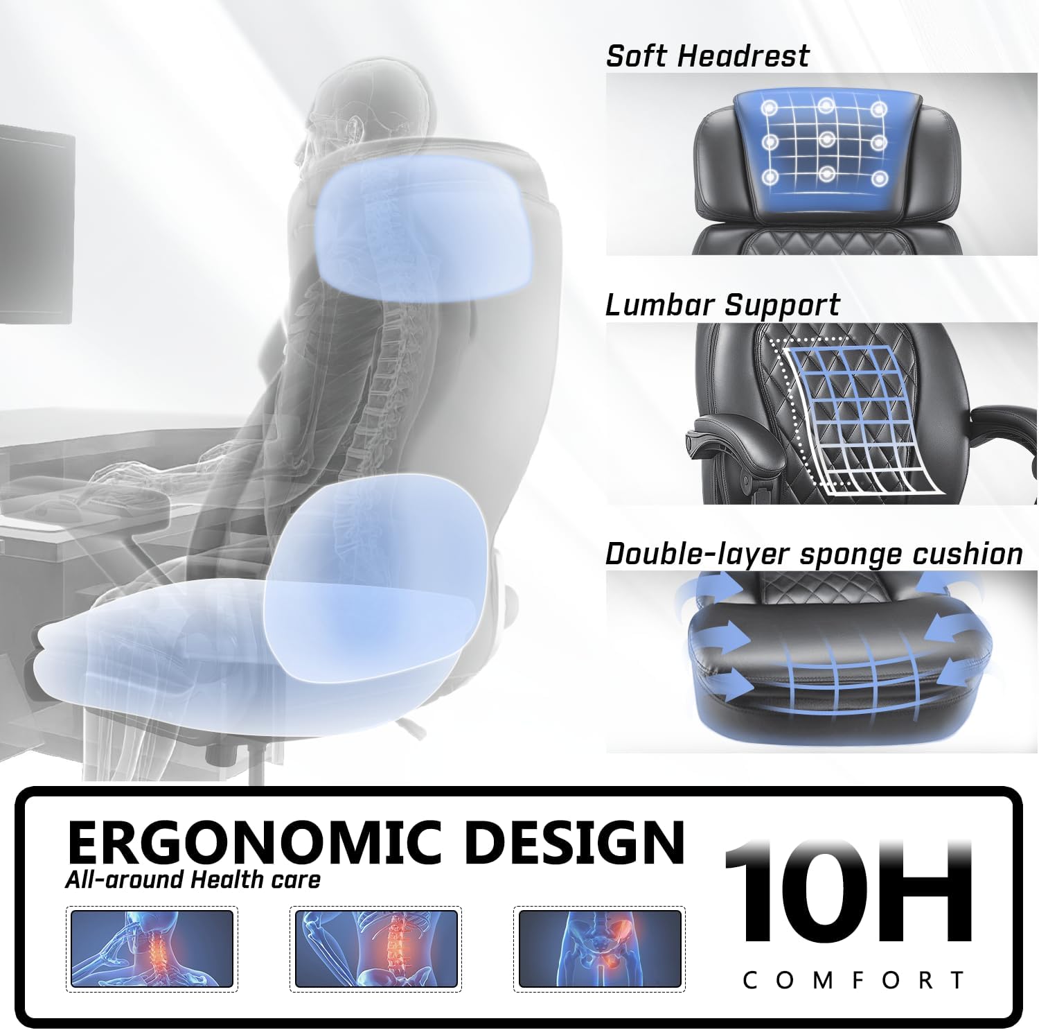 400lbs Executive Office Chair with Foot Rest for Heavy People, Ergonomic Big and Tall Desk Chair with Adjustable Headrest, High Back PU Leather Comfy Heavy Duty Computer Chair with Spring Cushion