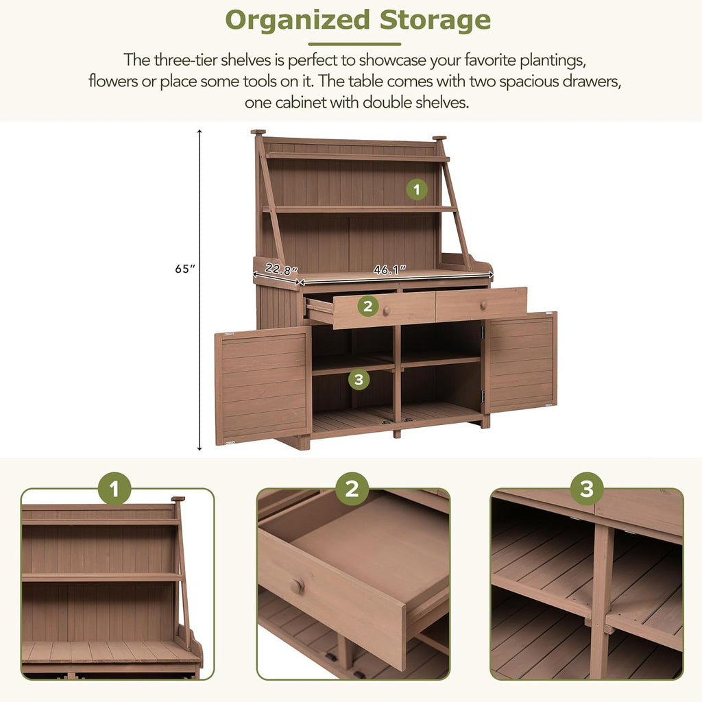 65inch Outdoor Potting Bench Table, Fir Wood Large Gardening Workstation with Storage Shelf, Drawer and Cabinet for Storage for Backyard, Mudroom (Brown/Fir Wood2)