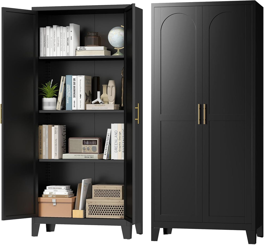 Zevemomo 61' H Metal Kitchen Pantry Cabinet, Freestanding Cupboard with 2 Doors and 3 Adjustable Shelves, Tall Metal Storage Cabinet for Kitchen, Bathroom, Dinning Room or Laundry Room （Black）