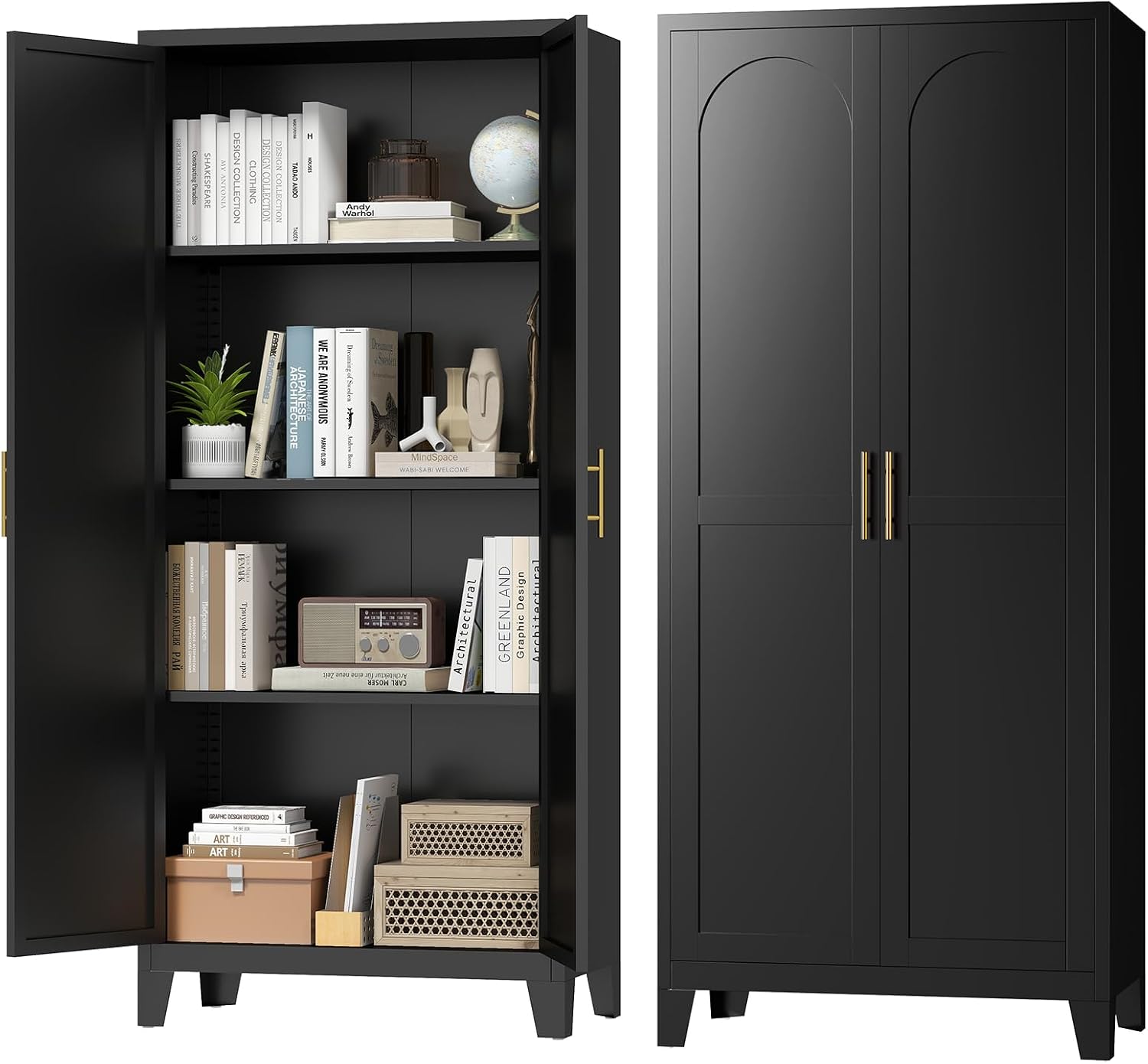 Zevemomo 61' H Metal Kitchen Pantry Cabinet, Freestanding Cupboard with 2 Doors and 3 Adjustable Shelves, Tall Metal Storage Cabinet for Kitchen, Bathroom, Dinning Room or Laundry Room （Black）