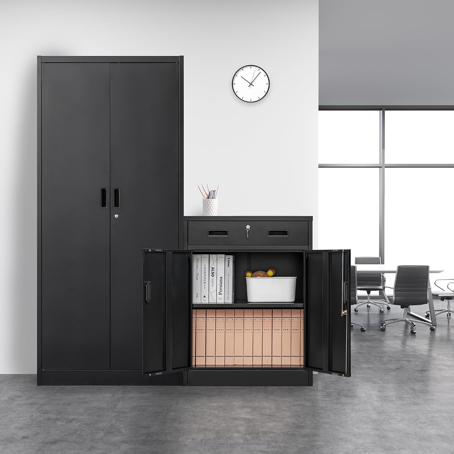 Wanfu Metal Storage Cabinet, Locking Cabinet with 1 Drawer and Adjustable Shelf, 36' H x 28' W x 16' D Metal Cabinets for Office, Garage, Home-Black