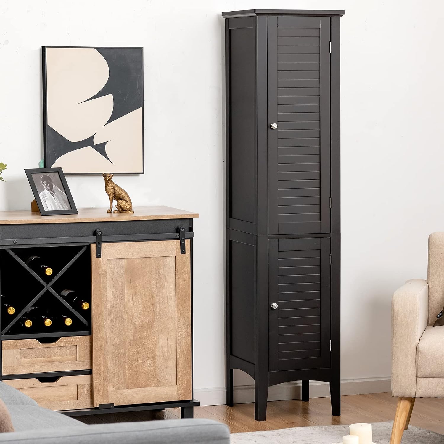 Tangkula Tall Bathroom Storage Cabinet, 5-Tier Wooden Freestanding Tower Cabinet, Narrow Storage Floor Cabinet w/ 2 Doors & Shelves for Bathroom Living Room Kitchen (Black)