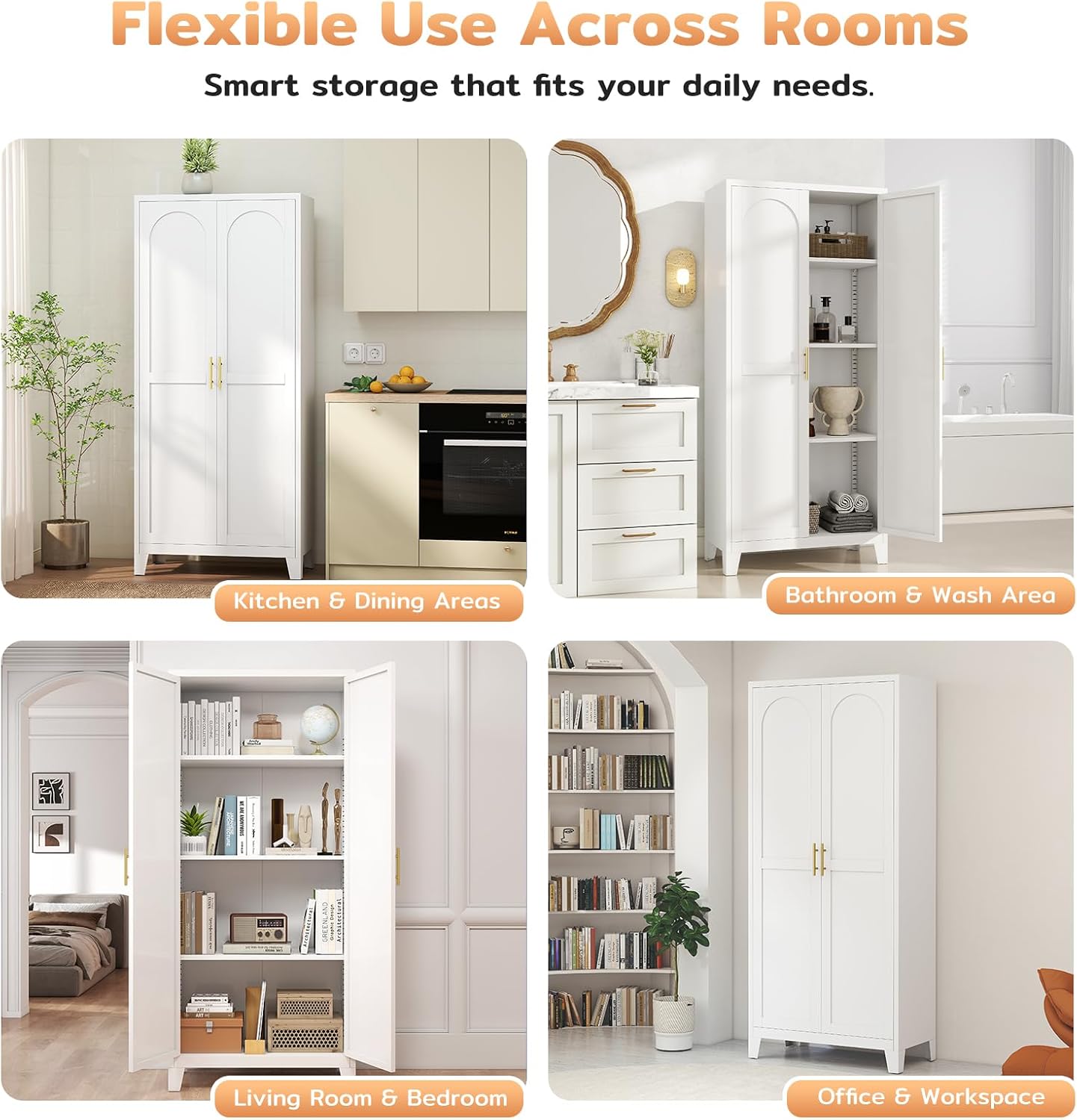 Zevemomo 61' H Metal Kitchen Pantry Cabinet, Freestanding Cupboard with 2 Doors and 3 Adjustable Shelves, Tall Metal Storage Cabinet for Kitchen, Bathroom, Dinning Room or Laundry Room （White）