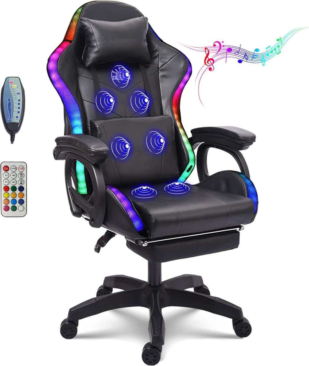 Gaming Chair with RGB LED Light Ergonomic Massaging Computer Gaming Chair, Video Gaming Chair with Footrest, Reclining Gaming Chair with Speakers Office Chair,Black