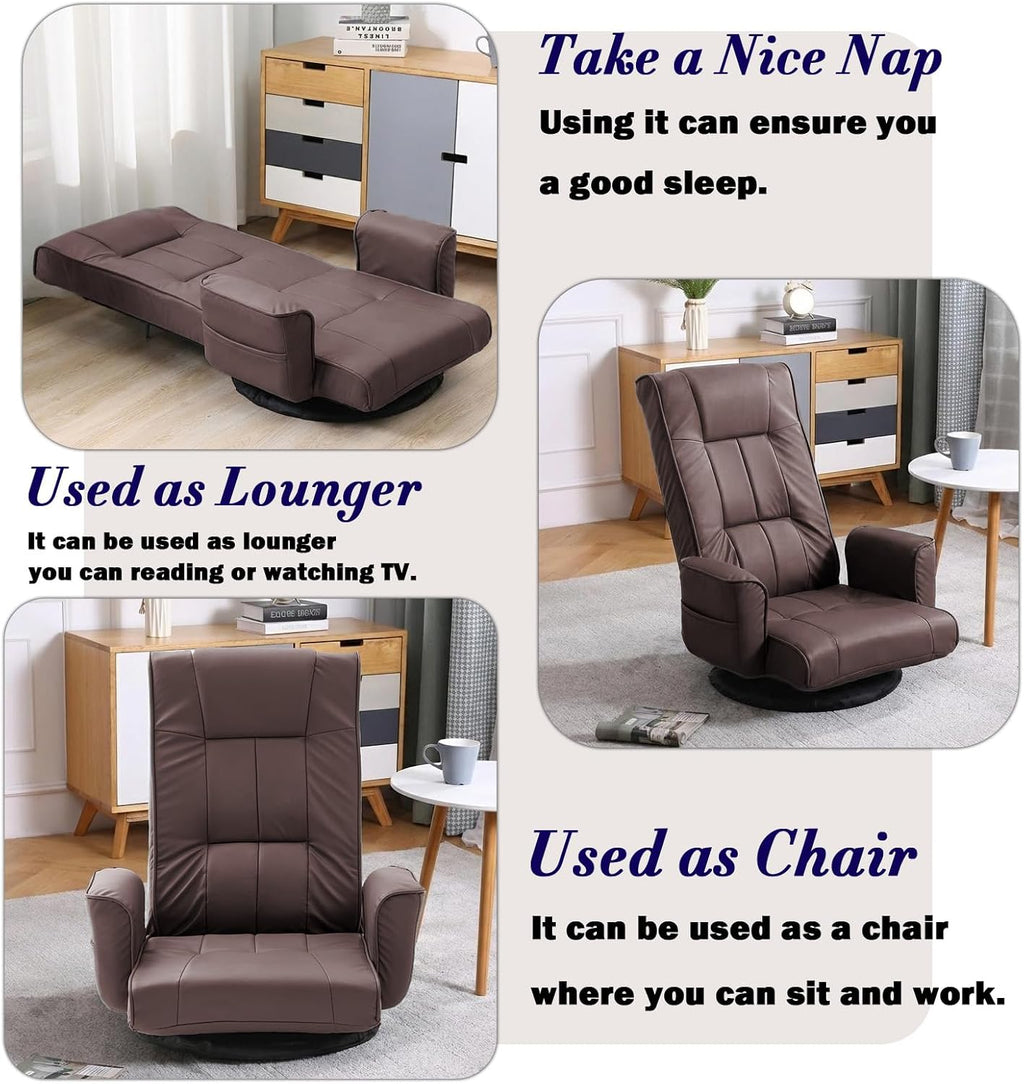 360 Degree Swivel Floor Chairs for Adults, Faux Leather Gaming Floor Chair with Back Support, 14 Angles Adjustable Comfortable Floor Lounge Chair Folding Video Game Chairs Office Bedroom