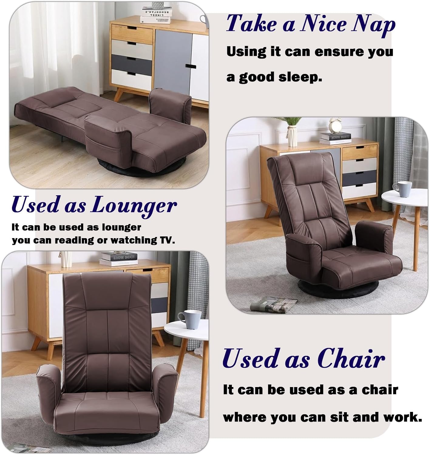 360 Degree Swivel Floor Chairs for Adults, Faux Leather Gaming Floor Chair with Back Support, 14 Angles Adjustable Comfortable Floor Lounge Chair Folding Video Game Chairs Office Bedroom