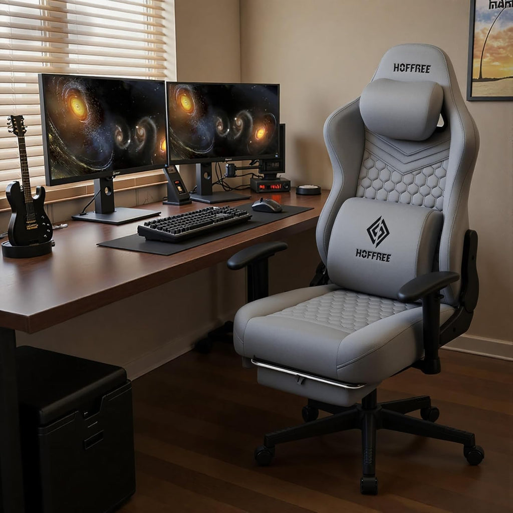 HOFFREE Gaming Chair with Bluetooth Speakers Massage Gaming Chairs for Adults Suede Fabric 165° Reclining Ergonomic Computer Chairs with Footrest Pocket Spring Cushion High Back Gamer Chair Grey