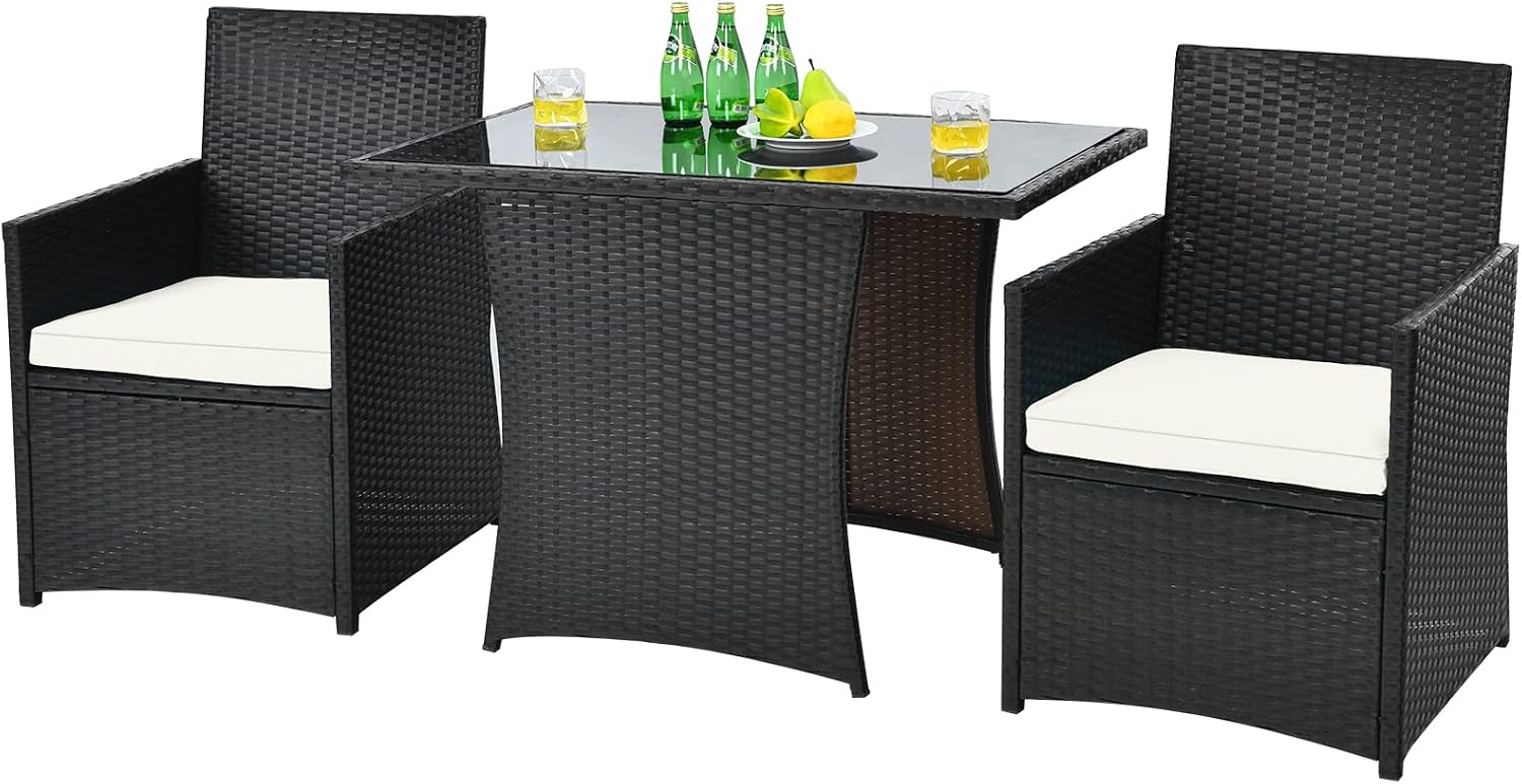 HAPPYGRILL 3 Piece Patio Furniture Set, Outdoor PE Rattan Wicker Bistro Set with Washable Cushions & Tempered Glass Table, for Backyard Porch Garden Balcony Poolside