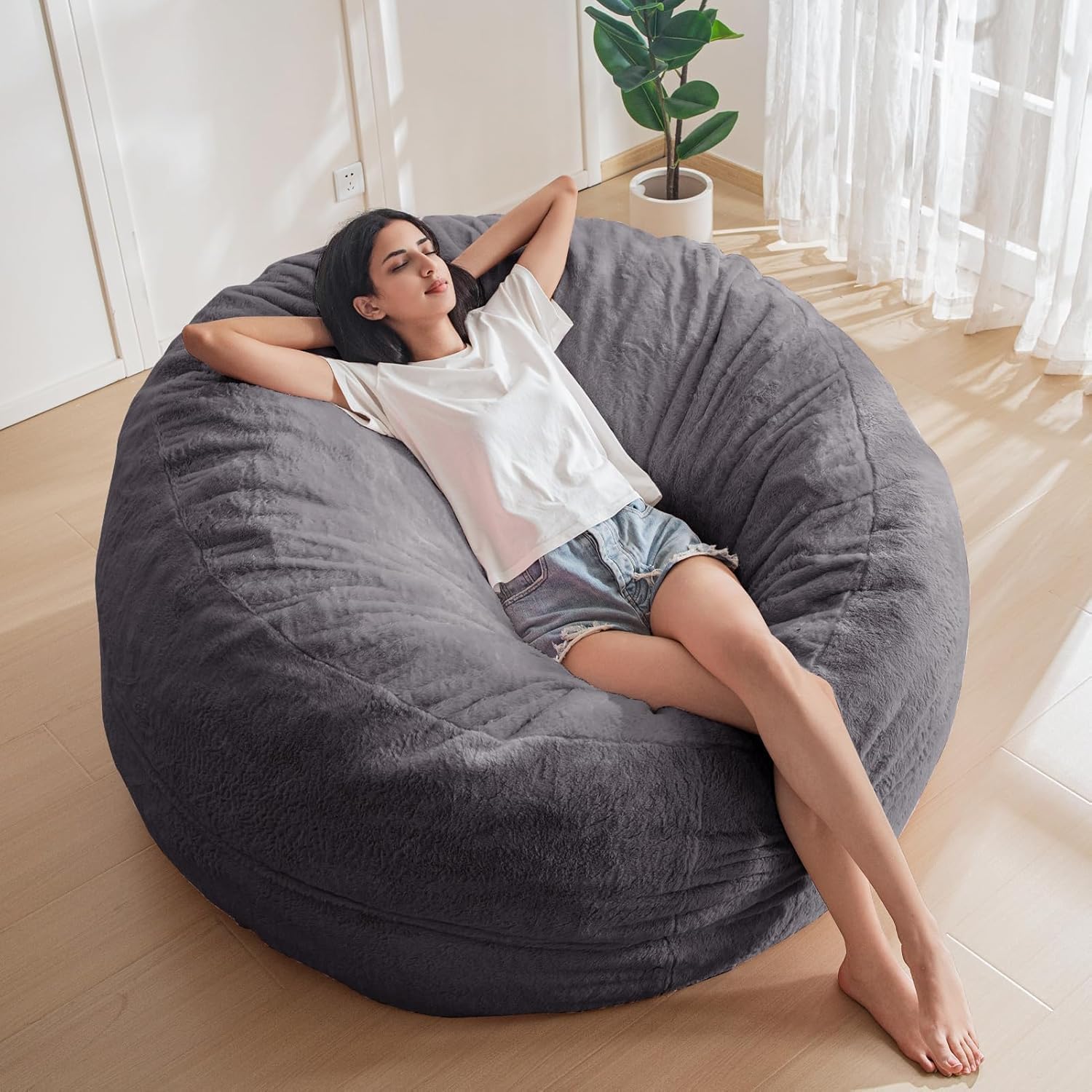 MAXYOYO Bean Bag Chair for Adults, Large 5 ft Bean Bag Chair with Foam Filling, Ultra Soft Fur Lazy Sofa for Living Room Bedroom, Machine Washable Cover