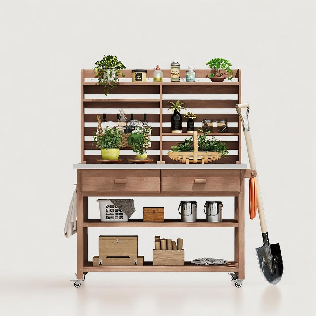 64.9' H Outdoor Potting Bench Table with Lockable Wheels, Solid Wood Outdoor Kitchen Island with Upper Hutch, Stainless Steel Top,Outdoor Storage for Grilling, Lawn Garden (Brown/F, 64.9')