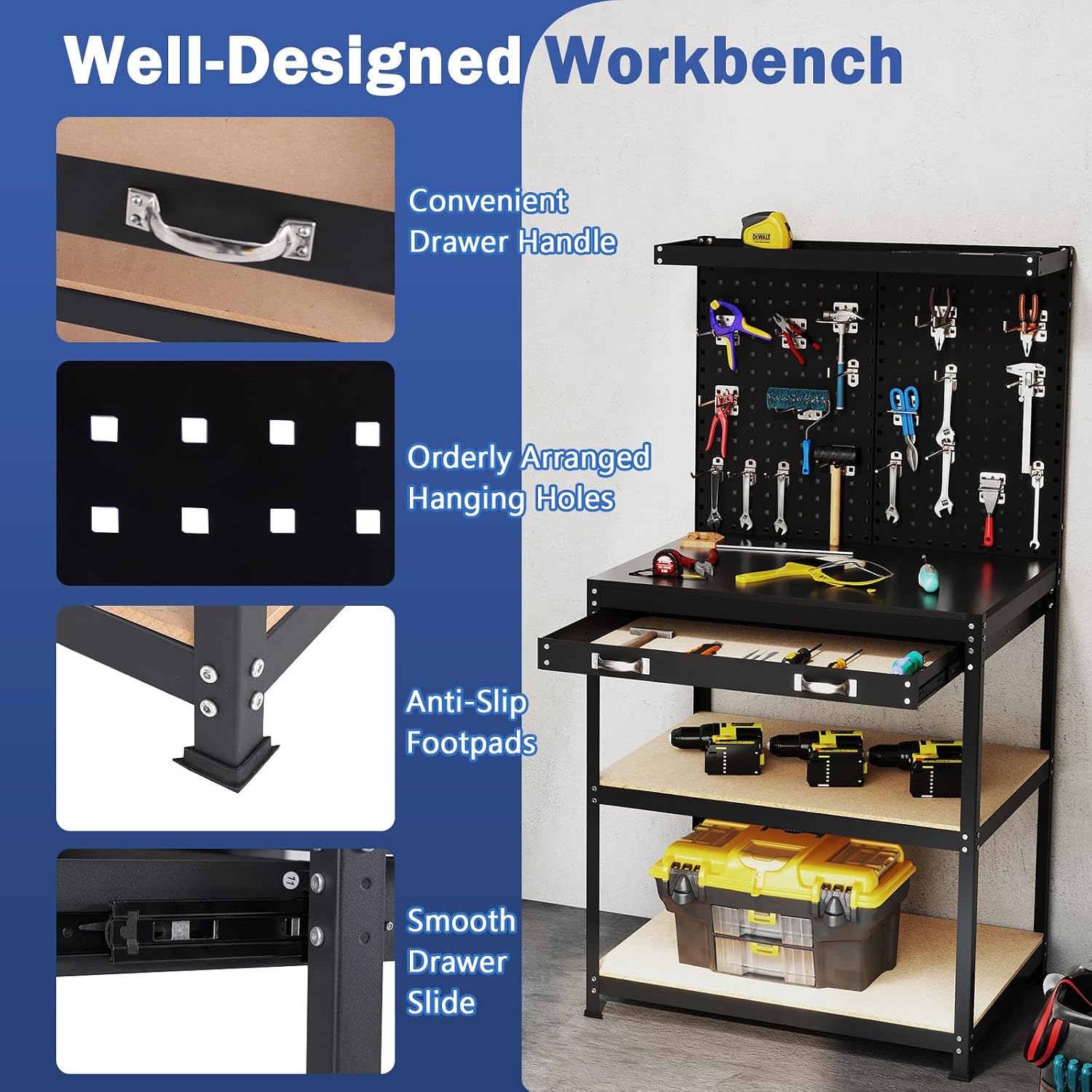 Goplus Workbench with Drawer, 32' x 16' Heavy-Duty Work Table with 2 PCS Pegboard & 4 Shelves, 19 Hanging Hooks, 495LBS Capacity, Metal Tool Storage Work Bench for Garage, Workshop, Home