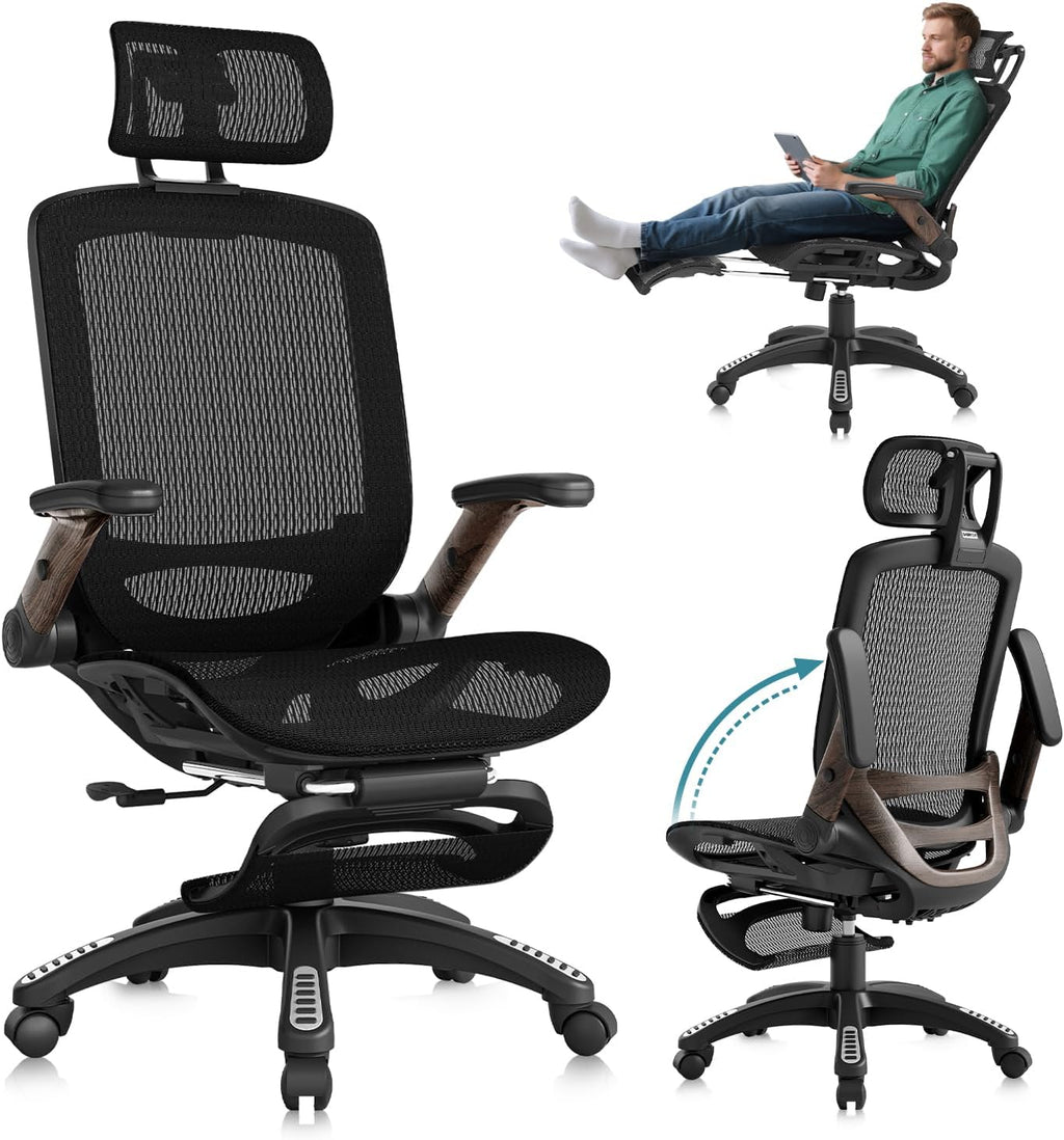 GABRYLLY Ergonomic Office Chair with Footrest, High Back Mesh Computer Chair with Flip-Up Arm, 3D Headrest, 135° Reclining, Rolling Gaming Task Chair with Wide Seat Lumbar Support,300LBS