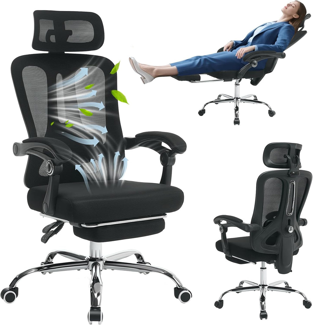 Mesh Ergonomic Office Chair with Footrest, Home Office Computer Desk Chair with Adjustable Headrest and Backrest, Comfortable Lumbar Support, Executive Desk Chair with Wheels 360 Swivel, Black