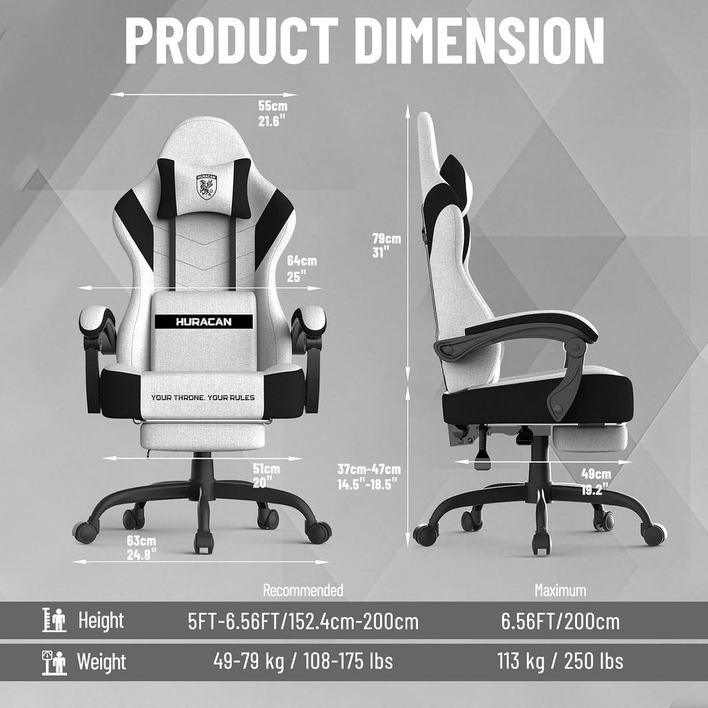 Ferghana Cotton Fabric Gaming Chair with Wider Seat Cushion, Shield-Shaped Embroidery Ergonomic High Back Game Chair with Footrest, Computer Chair with Massage Lumbar Support for Adult, White
